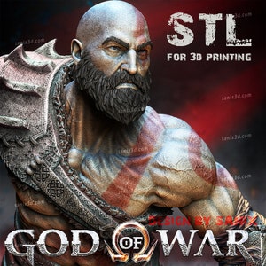 May include: A detailed 3D model of Kratos from God of War, featuring a bald head, a thick beard, and a stern expression. The model has red markings on the chest and shoulder armor. The image includes the text "STL FOR 3D PRINTING" and "GOD OF WAR".