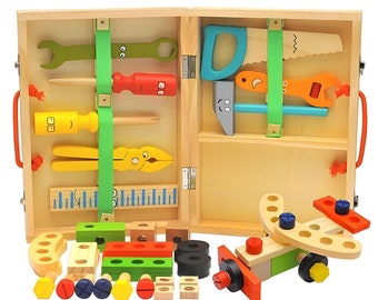 Jouets éducatifs Montessori pour enfants : boîte à outils en bois et plastique avec écrous, vis, assemblage et simulation d'outils de menuisier