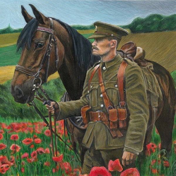 Limited edition print of WW1 cavalry Officer and Horse in a field of poppies. Originally hand painted, The print will be 12" X 12"