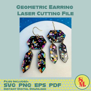 May include: Geometric earrings with a black hexagonal top and dangling, multi-colored, crystal-shaped pendants. The earrings have gold-colored hooks. The image includes the text "GEOMETRIC EARRING LASER CUTTING FILE" and "SVG PNG EPS PDF INSTANT DIGITAL DOWNLOAD".