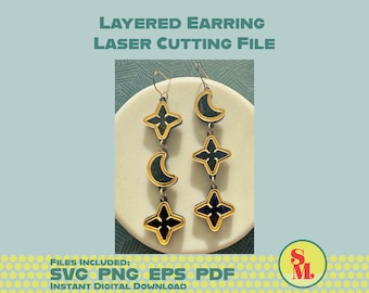 Modern Dangle Earring SVG Star and Moon Dangles | Laser Cut Jewelry File- Eloise
