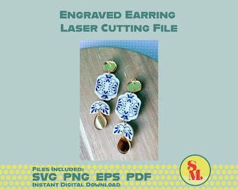 Moderne Baumeln Ohrring SVG Blau Schriftrolle Tile| Laser-Cut Schmuck Datei