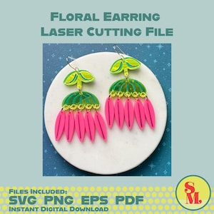 May include: A pair of laser-cut floral earrings in bright colors. The earrings feature a green and yellow top with a pink, petal-like fringe. The text "FLORAL EARRING LASER CUTTING FILE" is at the top. The bottom of the image includes file type information.