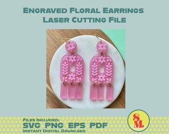 Moderne baumelnde Ohrring SVG Edith gravierte Blumen | Laser-Cut Schmuck Datei