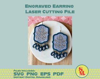 Modern Dangle Earring SVG Blue Scroll Branch| Laser Cut Jewelry File