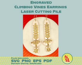 Moderne Baumeln Ohrringe SVG mit eingraviertem Kletterrankenmuster | Laser-Cut Schmuck Datei
