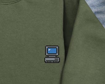 Sweat-shirt brodé ordinateur | Pull rétro avec pixel art PC | Cadeau programmeur | Sweat à capuche Tech Lover | Ingénieur logiciel présent