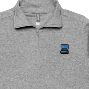 Embroidered Computer Fleece Pullover | Pixel Art Retro PC Quarter Zip | Programmer Gift | IT Tech Lover Sweater | Software Engineer Present