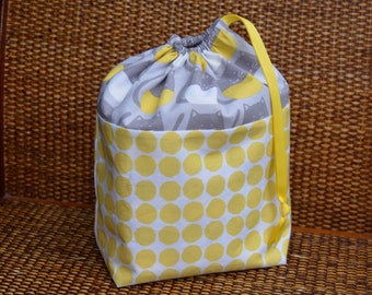 Cat Knitting Project Bag: Yellow Organic Cotton Drawstring Bag