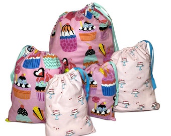 Birthday Cupcake FABRIC GIFT BAG Gift Cake Platter Reusable Eco Friendly Drawstring Toy Bag