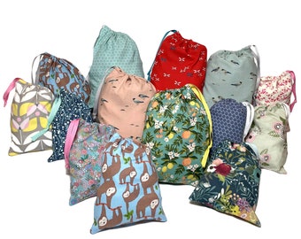 FLORAL GIFT BAG, Reusable Fabric Gift Bag, Sloth Gift Bag, Birthday Gift Wrap, Flower Gift, Little Birds, Eco Friendly, Drawstring Bag