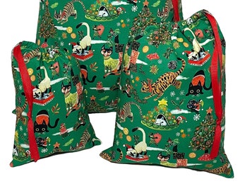 CHRISTMAS CATS Reusable Gift Bag Cat Lover Gift Fabric Drawstring Gift Bag