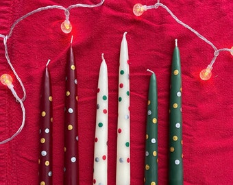 Handpainted Christmas Candle Pair Set of 2 Christmas Polka Dot Candles Table Decor Snowflakes Christmas Trees Ornaments
