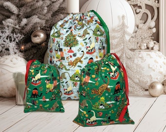 CHRISTMAS CATS Gift Bag, Cat Lover Gift, Reusable Fabric Gift Bag, Gift Bags, Cat Knitting Bag, Eco Friendly Drawstring Knitting Toy Bag