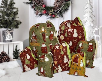 Vintage Christmas Cotton Fabric Gift Bag - Reusable Santa Sack