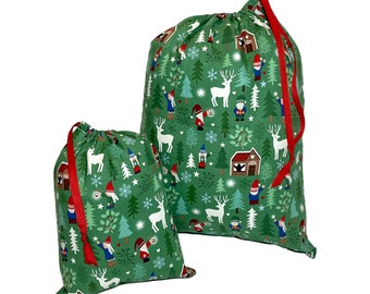 FABRIC GIFT BAGS Glow in the Dark Tomten Gnome Scandi Hygge Reusable Christmas Gift Wrap Cloth Gift Bag Gift for Women Santa Sack