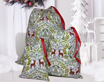 Reindeer Christmas FABRIC GIFT BAG, Reusable Christmas Gift Bag, Christmas Gift for Her, Christmas Gift Wrap, Seasonal Christmas Home Decor