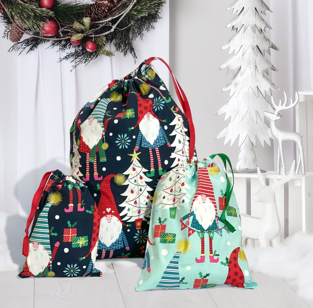 Christmas GNOME GIFT BAG Holiday Houses Fabric Gift Bag Reusable Gift Wrap Eco Friendly Large Santa Sack Etsy
