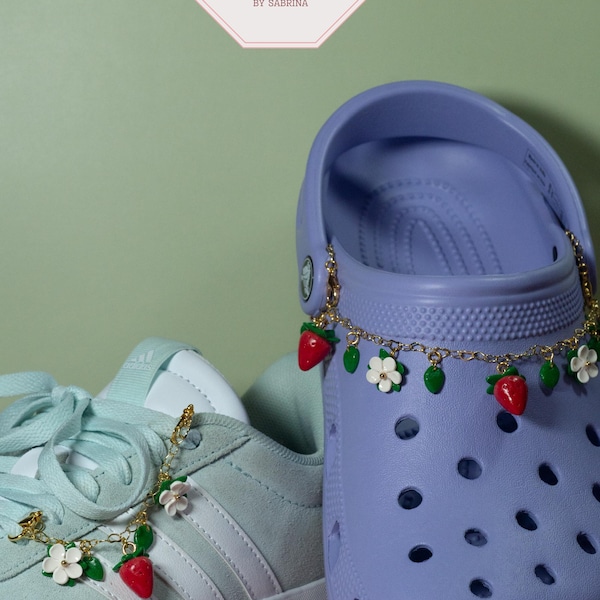 Strawberry Flower Shoe and Croc Chain: Handmade Polymer Clay Charms, 14k Gold Plated Shoe Accessory