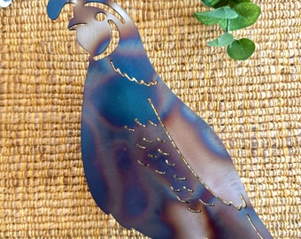 Metal California Quail on a stand- Heat Colored