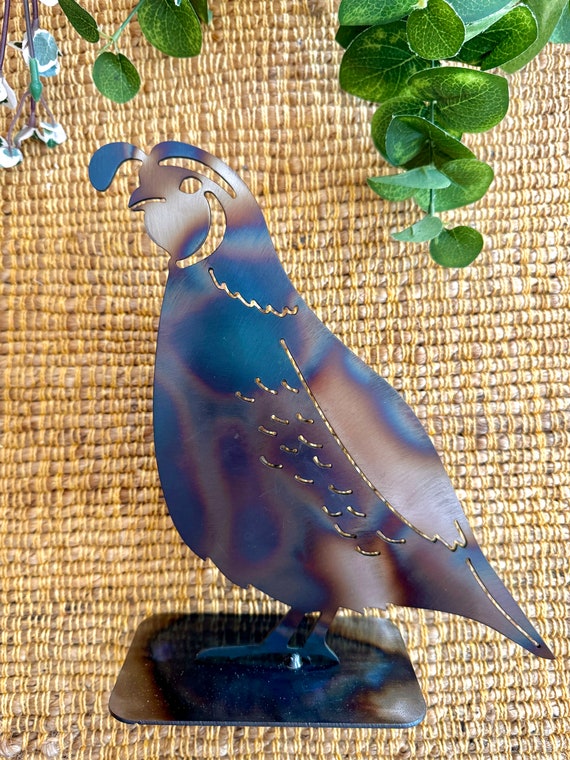Metal California Quail on a stand- Heat Colored