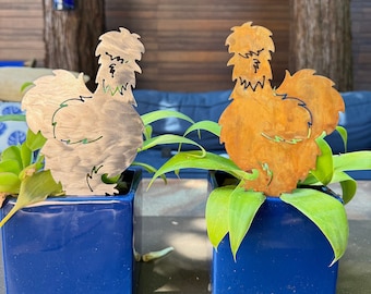 Metal Silkie Chicken Garden Stake: Garden Accent Decor for Indoor/Outdoor Use