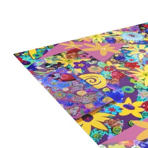 May include: A colorful, abstract artwork featuring a collage of flowers and geometric shapes. The design incorporates various colors, including yellow, purple, pink, and blue, with a heart-shaped embellishment.