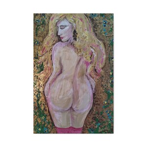 May include: A painting of a nude woman with long blonde hair, standing with her back to the viewer. The background is a textured gold with blue and green accents.