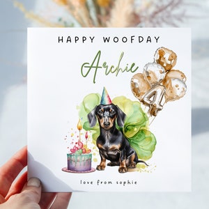 Tarjeta de cumpleaños Dachshund para perros Tarjeta de cumpleaños personalizada para perros Tarjeta Woofday Feliz Woofday Deseos Tarjeta de perro globo, Regalo para perro salchicha perro