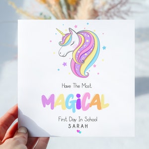 Unicornio Tarjeta del primer día en la escuela Tarjeta de la escuela primaria Regreso a la escuela Primer día de recepción Nueva tarjeta de la escuela Tarjeta de buena suerte personalizada 1er