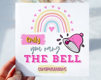 Cancer Survivor Card Cancer Card You rang the bell Treatment is over Personalised Colourful Fun Rainbow With Hearts Pink You Beat Cancer