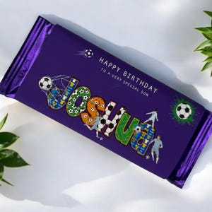Barra de chocolate personalizada para aniversário de futebol, embalagem de chocolate roxa, novidade, leite, qualquer nome, festa esportiva, embalagem de barra de chocolate personalizada