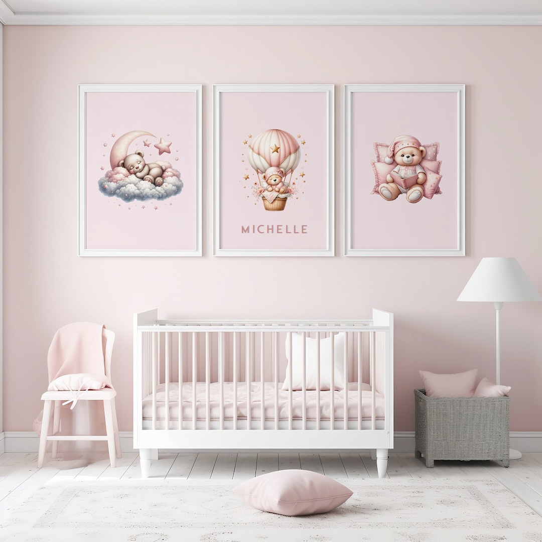 Pink Teddy Bear Personalized Nursery Art