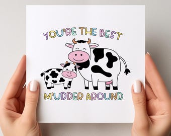 Funny Mother's Day Card, You're The Best Mudder Around Card, Cow Mothers Day Card, Cute Farm Animal Mom Card, Pun Greeting Card for Mum