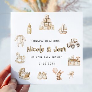 Baby Shower Card New Mum New Dad Herzlichen Glückwunsch personalisierte Karte neue Eltern Beige Farbe Gender Neutral Baby Party Neuankömmling Geschenk