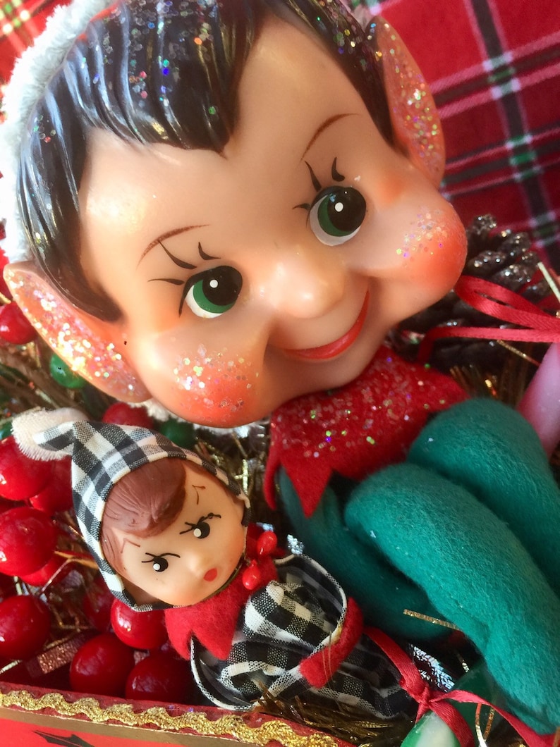 SALE...Christmas Centerpiece..Vintage Big Head Knee Hugger Elves With Sleigh and Xmas Tree and Holiday Trims..Super Cute and Ooak!!!