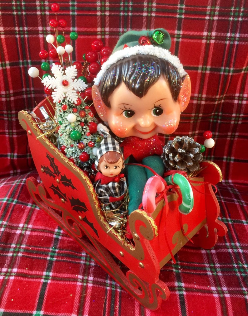 SALE...Christmas Centerpiece..Vintage Big Head Knee Hugger Elves With Sleigh and Xmas Tree and Holiday Trims..Super Cute and Ooak!!!