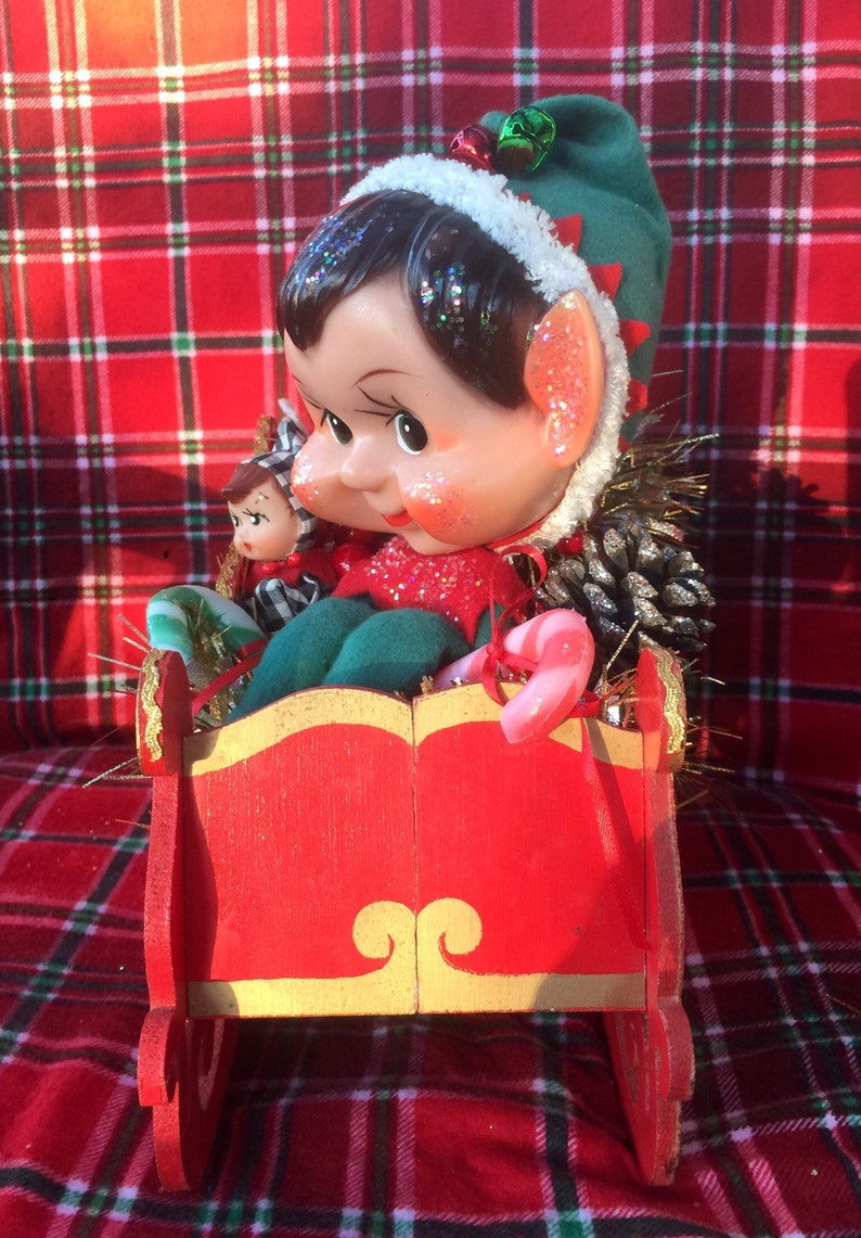 SALE...Christmas Centerpiece..Vintage Big Head Knee Hugger Elves With Sleigh and Xmas Tree and Holiday Trims..Super Cute and Ooak!!!