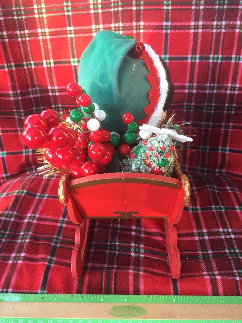 SALE...Christmas Centerpiece..Vintage Big Head Knee Hugger Elves With Sleigh and Xmas Tree and Holiday Trims..Super Cute and Ooak!!!