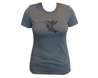Womens Hummingbird Tshirt Heather Slate Screen Printed Poly Cotton Tee S M L XL
