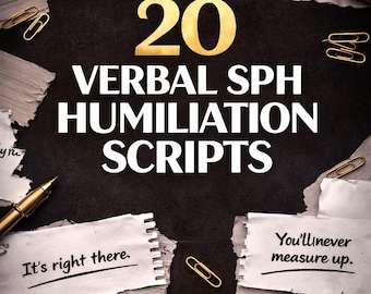 Puede incluir: Un diseño gráfico con el título "20 Verbal SPH Humiliation Scripts" en letras blancas. El diseño incluye notas de papel rasgadas con frases como "It's like a joke that doesn't land" y clips dorados.