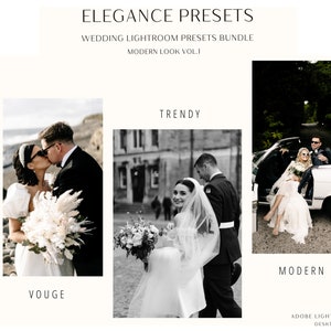 Puede incluir: Un conjunto de ajustes preestablecidos de Lightroom para fotografía de bodas con tres estilos diferentes: Vogue, Trendy y Modern. Los ajustes preestablecidos están diseñados para dar a tus fotos de boda un aspecto moderno. La imagen muestra tres parejas diferentes con atuendos de boda.