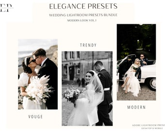 May include: A set of wedding photography Lightroom presets with three different styles: Vogue, Trendy, and Modern. The presets are designed to give your wedding photos a modern look. The image shows three different couples in wedding attire.