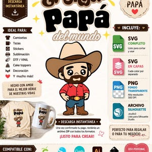 May include: Digital design featuring a cartoon cowboy with the text "El Mejor Papá del Mundo" (The Best Dad in the World). Includes SVG, PNG, and Silhouette Studio files. Compatible with Cricut, Silhouette Studio, Canva, Adobe Illustrator, and Inkscape.