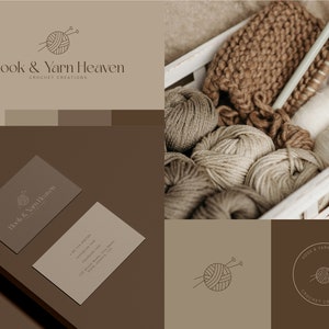 May include: A logo for a crochet business called "Hook & Yarn Heaven" with a line drawing of a ball of yarn and knitting needles. The logo is displayed on a business card with the business name and contact information. The image also shows a basket filled with balls of yarn and knitting needles.