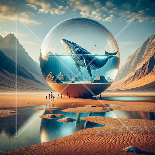 Blue Whale in Globe of Water in the Desert 2 , Surreal Dreamy Landscape Desert, Trippy  12x12 glossy print, fairy tail Free shipping US only