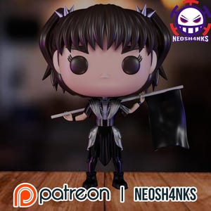 Puede incluir: Una figura de vinilo estilizada con cabello oscuro en coletas, vistiendo un atuendo negro y plateado con un corpiño y falda metálicos. La figura sostiene una bandera negra lisa en un asta blanca. El texto NEOSH4NKS aparece en la imagen.