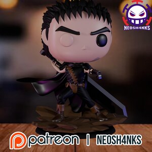 Puede incluir: Una figura de vinilo Funko Pop de un personaje con cabello negro, vistiendo un atuendo negro con capa y sosteniendo una espada grande. La figura está sobre una base marrón. La imagen incluye el texto "patreon | NEOSH4NKS".