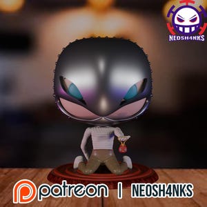 May include: A figurine with a metallic head and teal eyes, kneeling on a red circular base. The figure wears a wrapped torso and tan trousers, holding a small red pouch. The image includes the text "patreon | NEOSH4NKS".