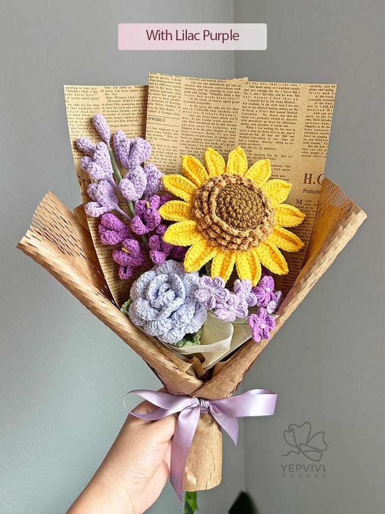 Crochet Flower Bouquet – Handmade Sunflower, Clematis, Rose & Lilac